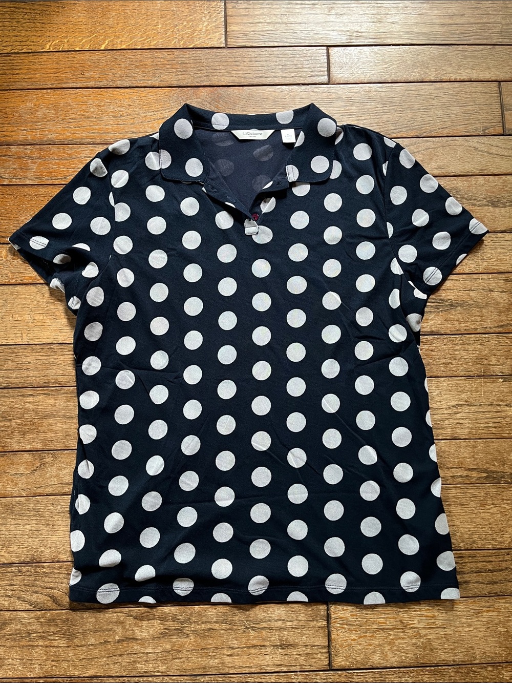 Liz Claiborne Navy Polo Top with White Polka Dots